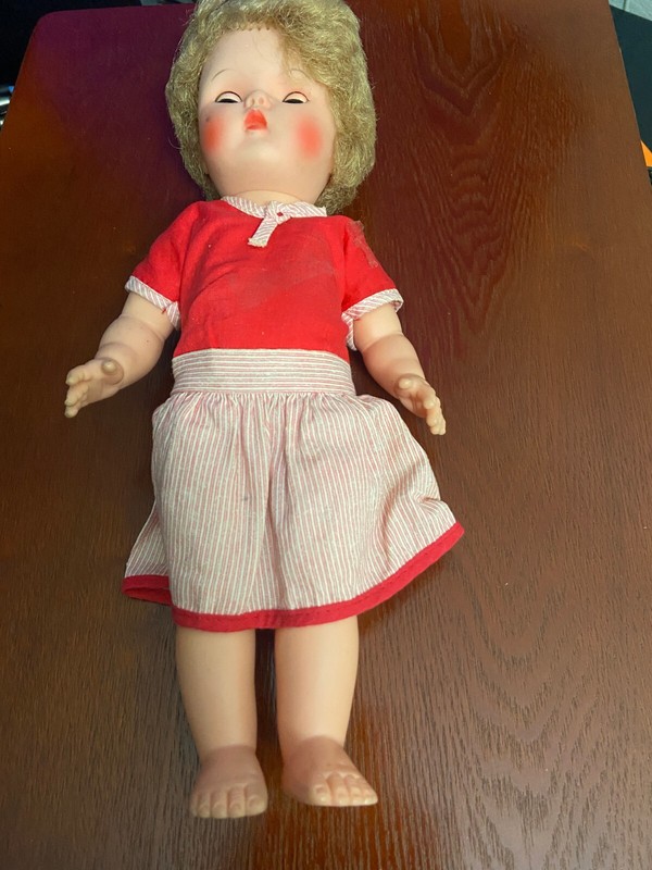 Vintage 1950s German Celluloid Doll – Blonde Sleep Eyes, Red & White Dress, 13"