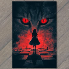 Art Print Chessboard Girl Fiery Cat Eyes Sinister Red Glow Gothic Nightmare