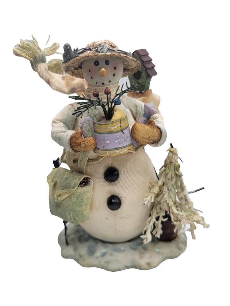 Gardening Snowman Figurine Statue Winter Scene Cloth And Resin Watering Can 8