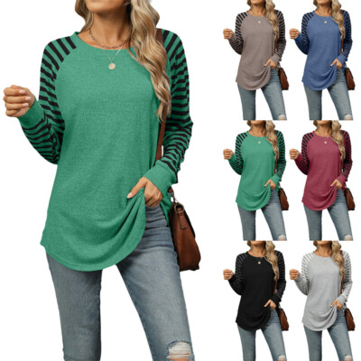 Women's Crew Neck T Shirt Stripes Long Sleeve Tops Shirt Loose Fit Casual Blouse