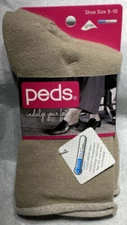 2 PAIR - PEDS ROLL TOP CASUAL CREW SOCKS WITH COOLMAX - SHOE SIZE 5-10 - KHAKI