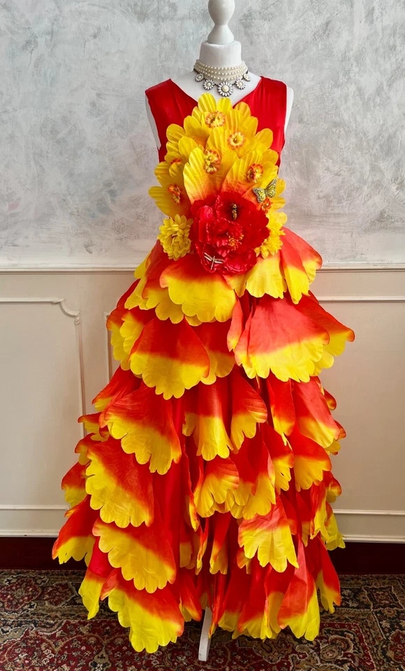 Carnaval Hecho a Mano Rojo Amarillo Flor Pétalo Abeja Disfraz Teatro Festival Vestido 10 Foto 4 de 4