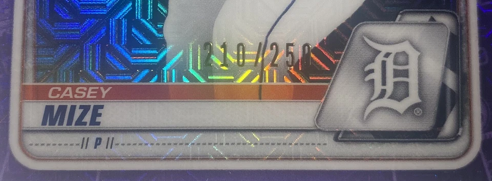 CASEY MIZE - 2020 Bowman Chrome - PURPLE MOJO Parallel #’d 210/250 - Tigers - Image 2 of 3