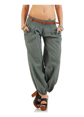 Damen Pumphose mit Gürtel Stoffhose Haremshose einfarbig 6017