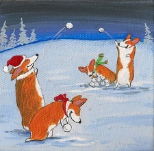 4x4 PRINT OF PAINTING XMAS RYTA FOLK ART PEMBROKE WELSH CORGI WHIMSICAL Folk Art