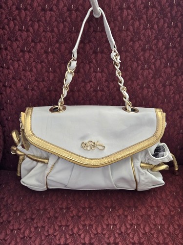 Betsey Johnson White Gold Trim Cow Leather & Lambskin Handbag FLAWS-See Descrip.