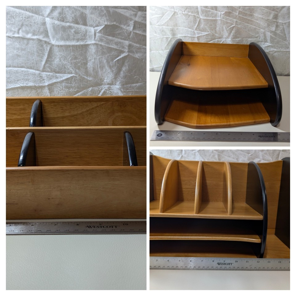 A matched set of three Pomerantz wooden desk organizers — a recognizable MCM brand name that signals serious mid-century credibility.