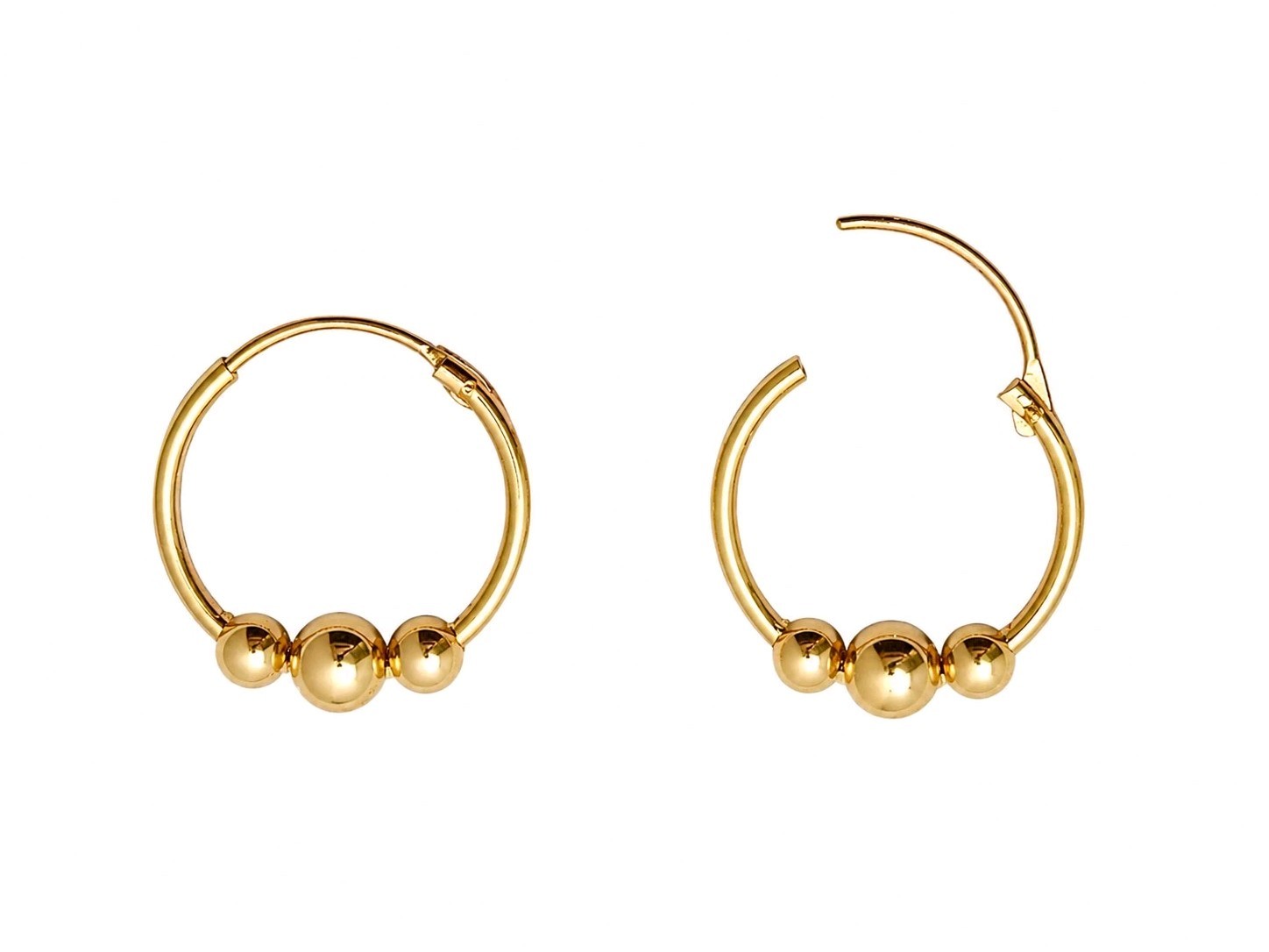 Pendientes oro 18k 750 Mls. Aros Con 3 Bolas. 14,5x1 MM.