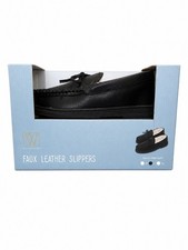 Men s Black Faux Leather Memory Foam Slip-On Slippers Size 10-11 NIB
