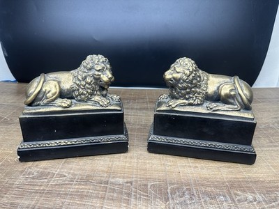 Vintage Hollywood Regency Gold Gilt Lion Bookends Pair Italian Borghese Style