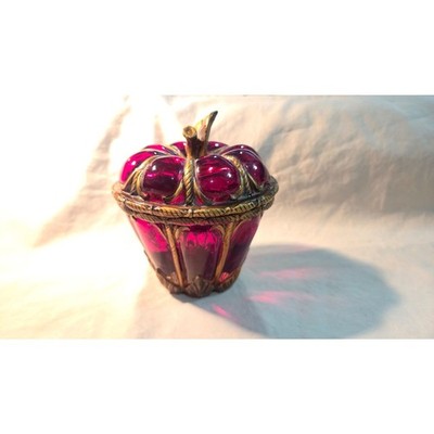 Vintage Ruby Red Caged Bubble Glass Apple Trinket/Candy Dish Lidded MCM Decor