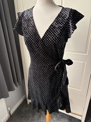 New Look 14 Black Velvet Silver Glitter Spot Wrap Dress Ruffle Party Mini - Image 1 of 4