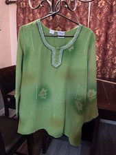 Polyester Chiffon Sequined Green Indian Kurta Kurti Top, 44 Bust, 28 Long, New