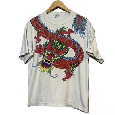 Vintage 80s Dim Sum Shirts Dragon Graphic Muscle Tee White Large Rare Ed Hardy
