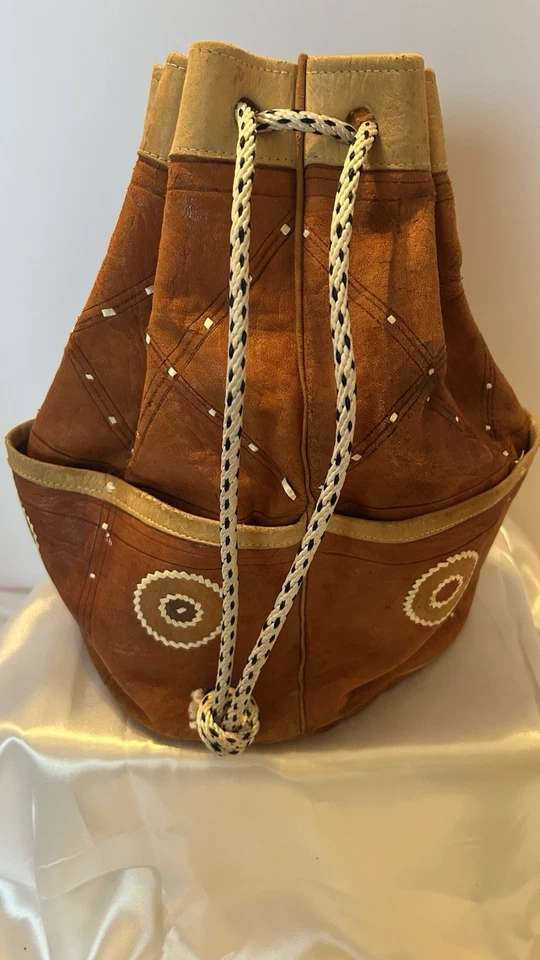 Cartera Bolso Cubo Vintage Hecha a Mano Cuero de Piel para Niños Suroeste con Cordón Foto 2 de 4