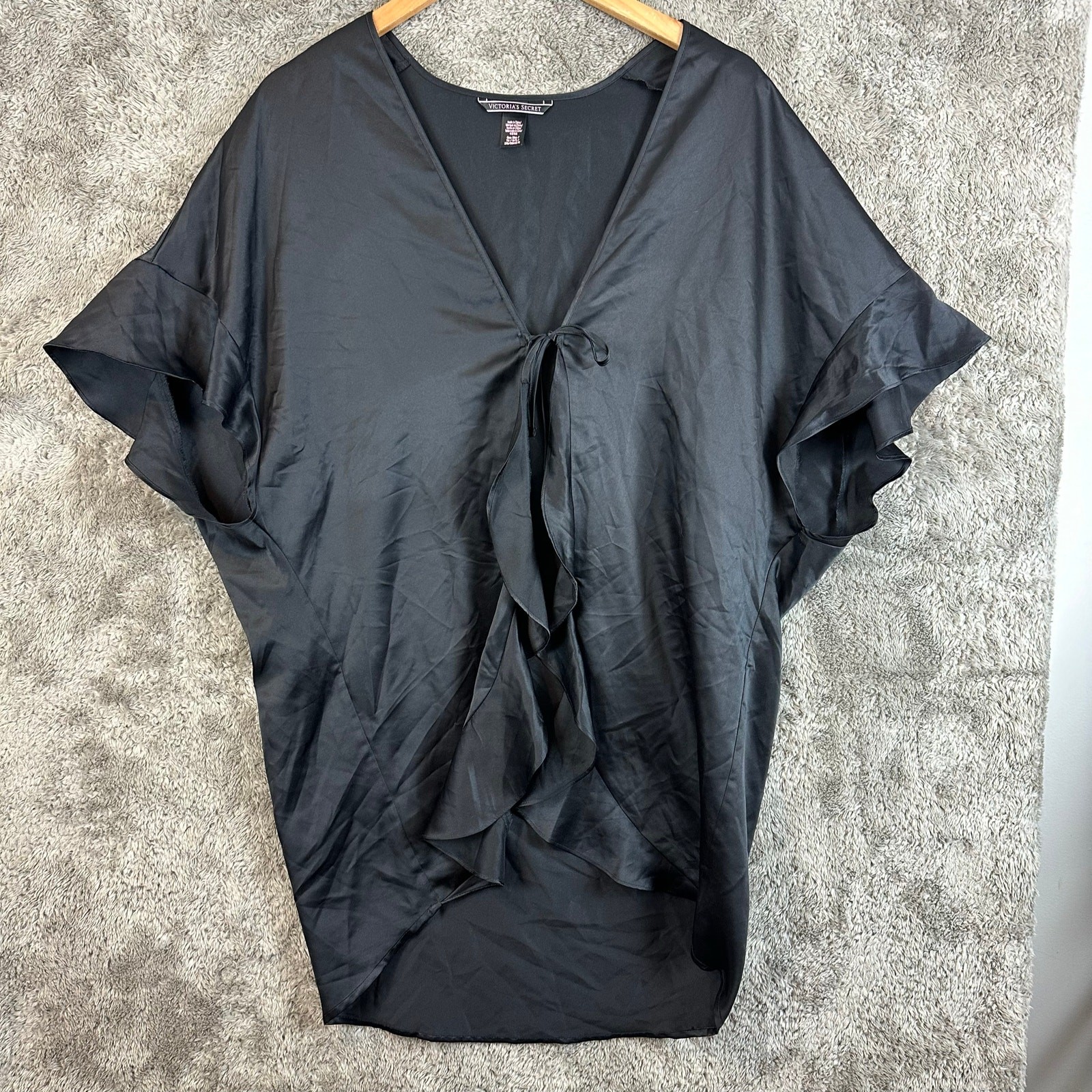 Victoria's Secret Black Satin Flutter Sleeve Kimono Robe One Size