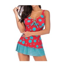 Red Turquoise Polka Dot Swimdress Two Piece Tankini Set Retro Style plus XXL