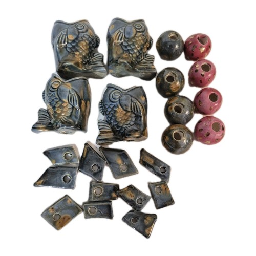 Ceramic Macrame Beads Lot Glazed Fish Guppies Matched Round Beads Vintage 
