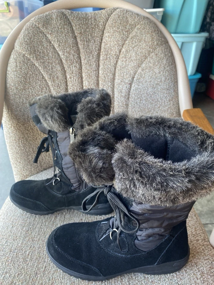 Botas femininas Lands End tamanho 8.5 preto 444725 com cadarço zíper lateral pele sintética inverno - Imagem 3 de 4