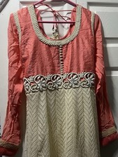 Peach Cream Salwar Kameez Set Embellished Embroidered Net Silk Blend w/Dupatta L