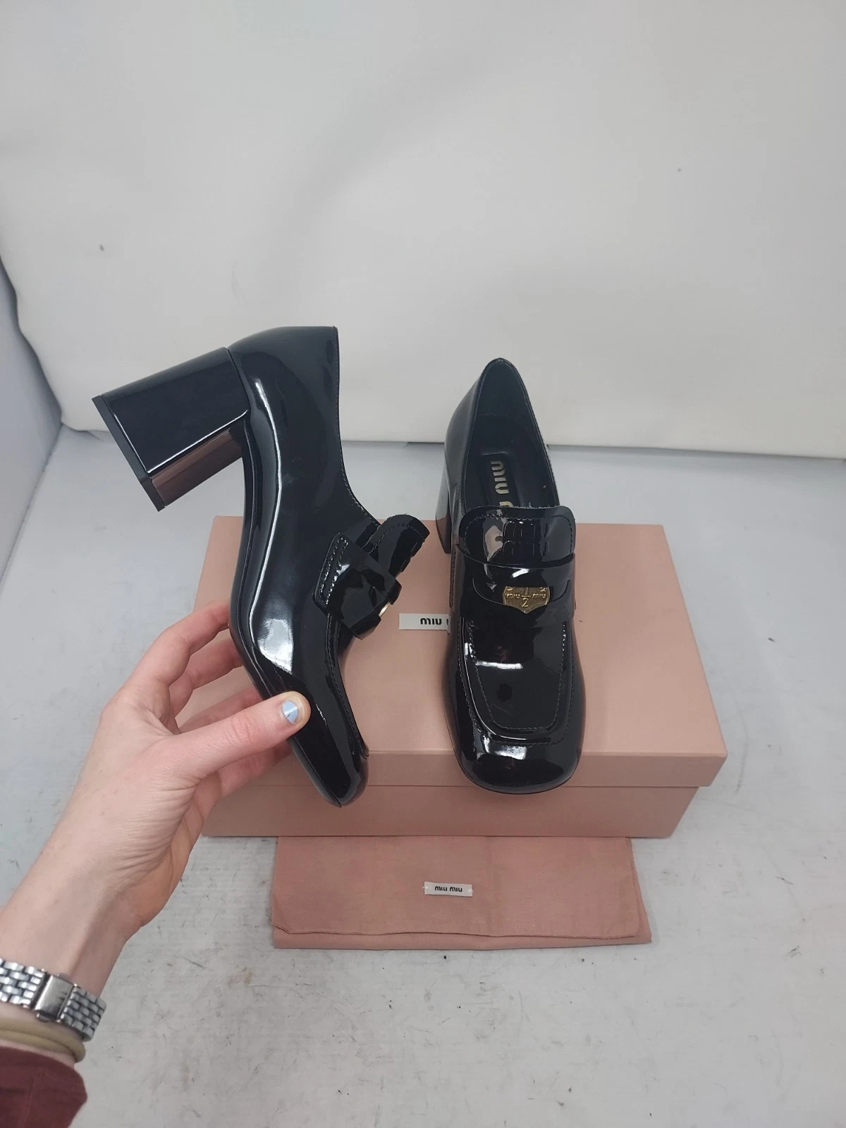 Miu Miu — Miu Miu EU 36.5 US 6.5 NEW Black Patent Mocassini Block Heel Penny Loafer Shoe