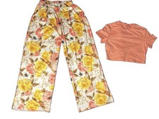 Brand New Floral Wide Leg Pants pink Crop Top Set