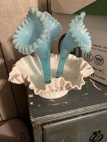 Blue White Milk Glass Vase Hobnail Ruffled Pattern Decorative Glossy