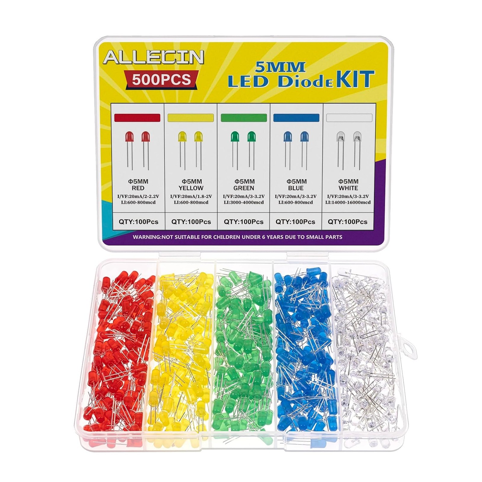 5MM LED Diode Light Assortment Kit 5 Color Low Voltage Circuit Emitting Diodes