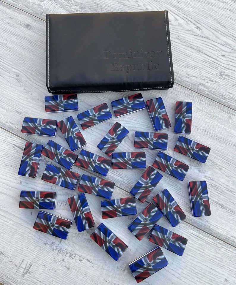 Dominican Republic Flag Jumbo Professional Acrylic Domino Set With Metal Spinner - Image 3 of 4