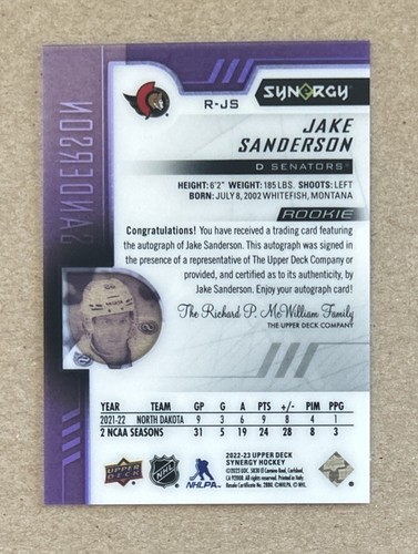 2022-23 Upper Deck Synergy Hockey Jake Sanderson Rookie Autograph Card #’d /99 - Picture 2 of 2