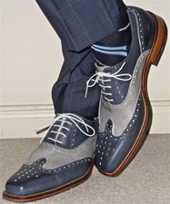 Handmade Men two tone wing tip brogue formal shoes Men Blue and gray dress shoes