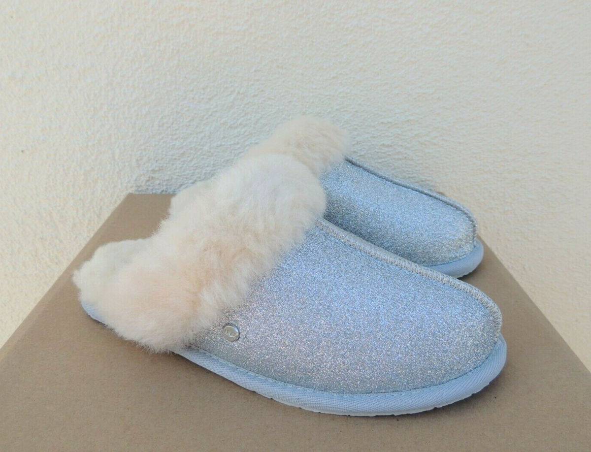 UGG SILVER SCUFFETTE II GLITTER SPARKLE SHEEPSKIN SLIPPERS, US