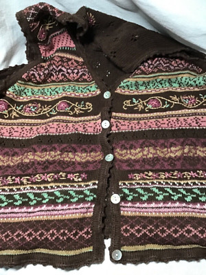 JANTZEN CLASSIC VEST BROWN PINK GREEN EMBROIDERED RAMIE COTTON ACRYLIC  XL EUC