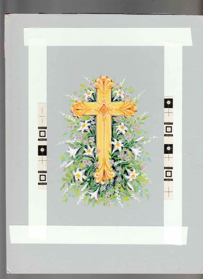 EASTERTIDE Golden Cross w/ White Trumpet Flowers 8x11  Greeting Card Art #E2626 Comic Art