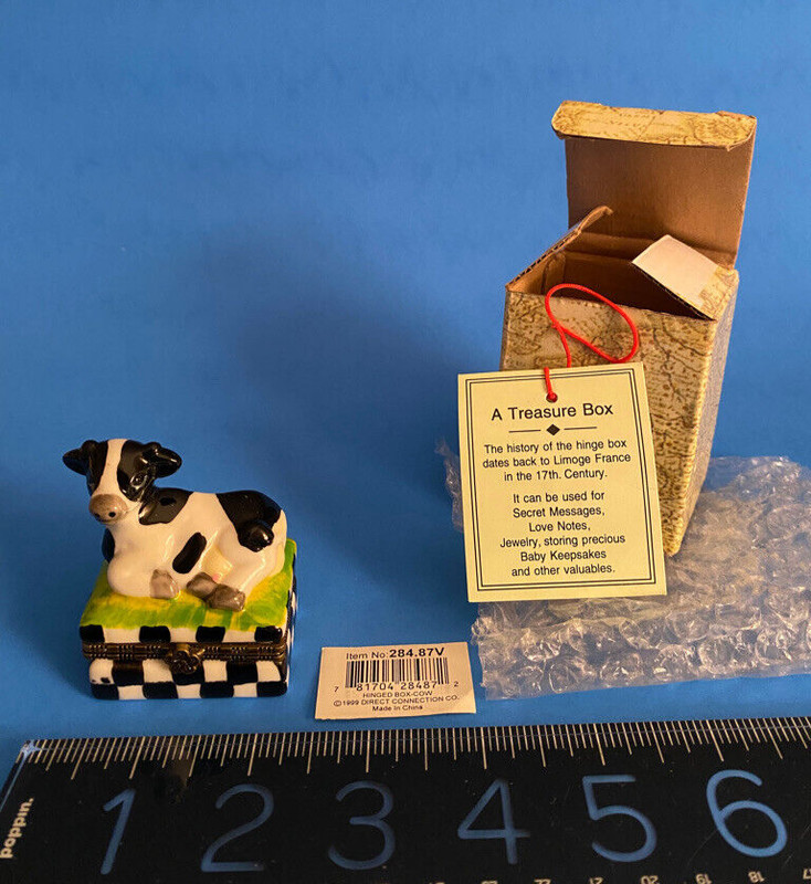 Porcelain hand painted box MINT w/COW American CountryTheme/opens note design