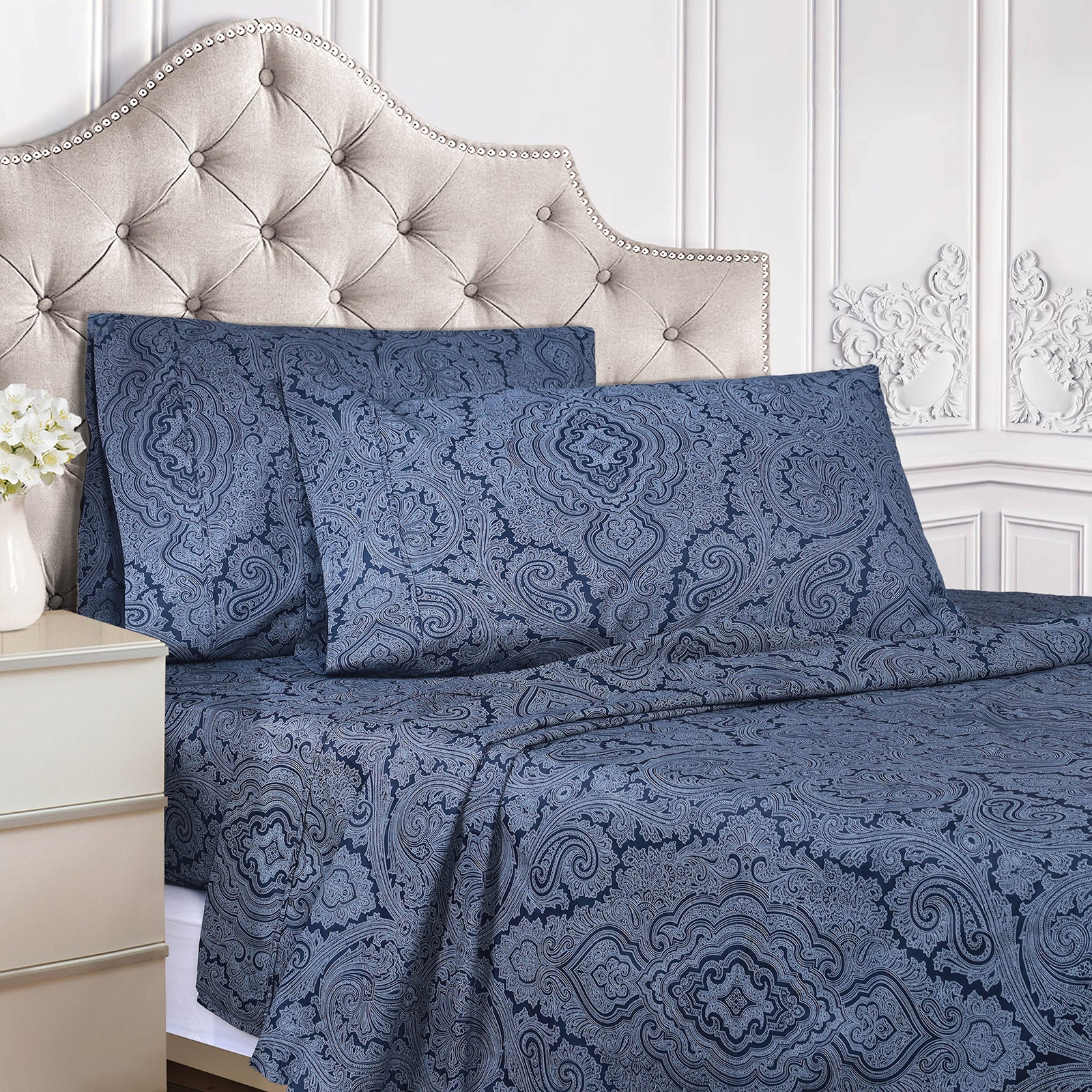 600 Thread Count Cotton Blend Bed Sheet Set, Italian Paisley Design, Includes...
