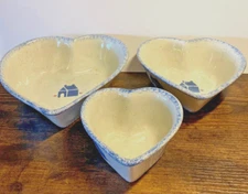 HEART SHAPED NESTING BOWLS * 3 pc * Blue Sponge Paint Rim * Signed LR * 5, 7, 8"