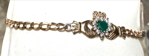 IRISH 14K YELLOW GOLD EMERALD AND CZ CLADDAGH BRACELET - Picture 3 of 9