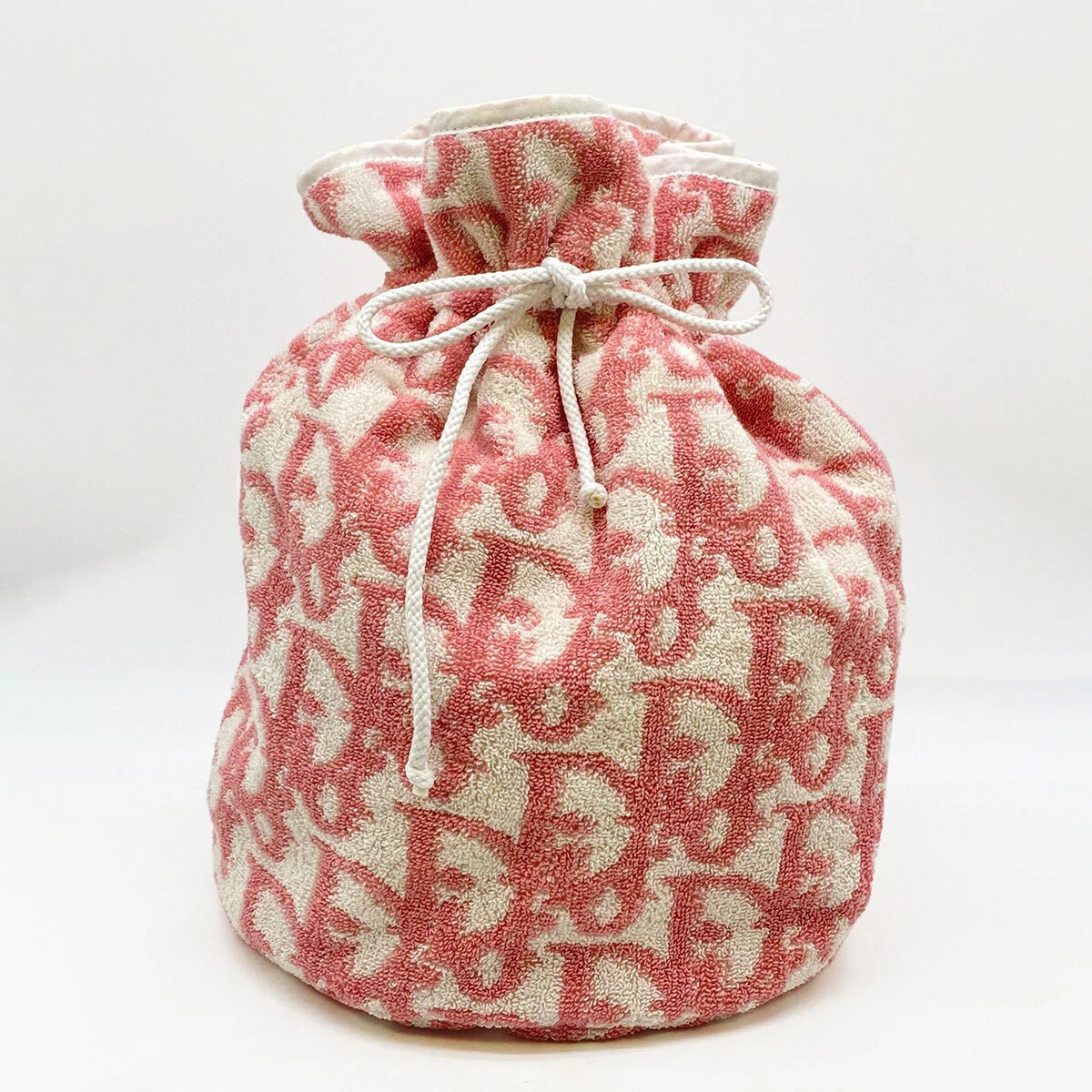 Sac pochette Christian Dior trotteur rose tissu éponge cordon vintage 8374