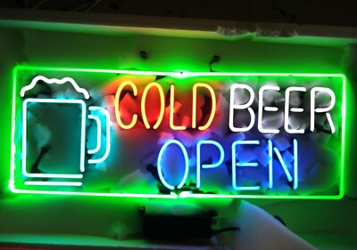 Cold Beer Open Mug 20'' Neon Light Sign Lamp Bar Pub Wall With Dimmer
