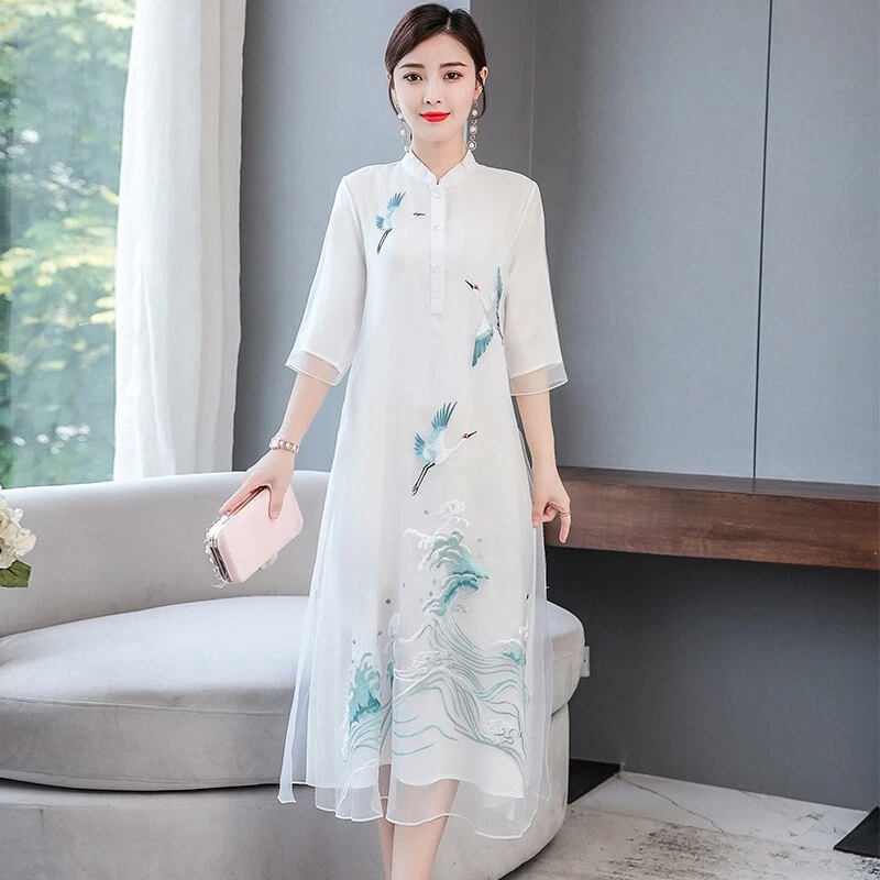 VETEMENTS Camicia midi donna linea A maglia abito bottoni manica 3 4 gru ricamo cinese