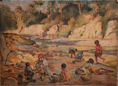 M. Samer ,arab  , oil on canvas painting signed viewing    middle east Villagge