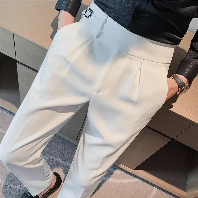 Men's British Style Business Trousers Formal Belt Design High Waist Casual Pants