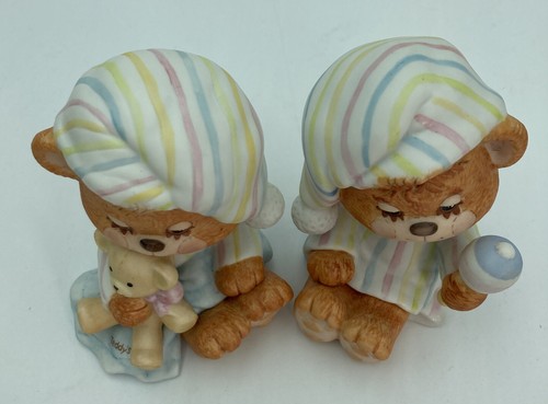 Two Vtg 1982 Enesco Teddy Beddy Bear Porcelain  Figurines Nursery Decor Adorable - Picture 4 of 12