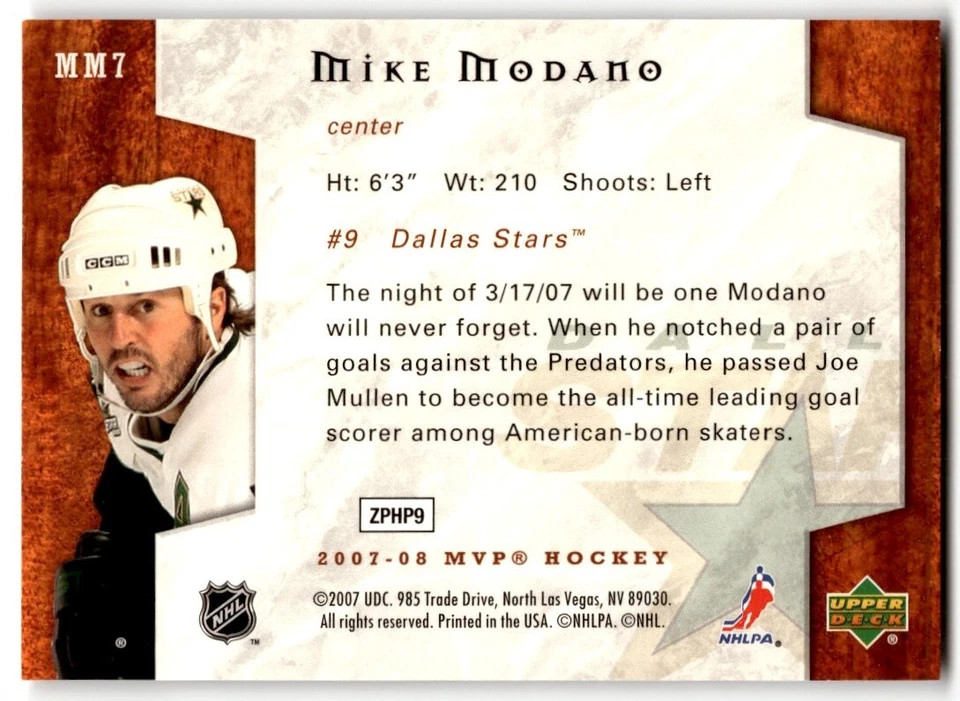 2007-08 Upper Deck MVP Monumental Moments Mike Modano #MM7 Dallas Stars - Image 2 of 2