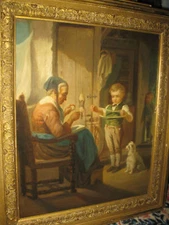 Old Master XIX. Century grandmother with kids and dog