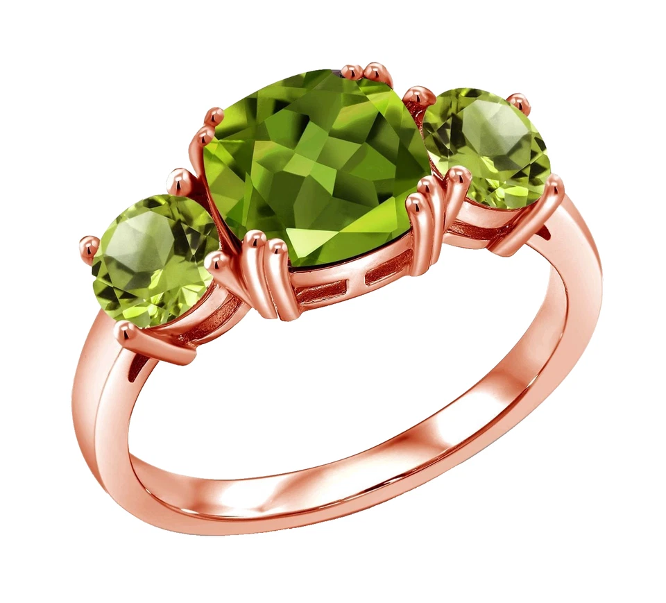 925 Silver Rose Gold Plated Engagement Ring 3.50 Ctw Green Peridot Three Stones - Image 4 of 4