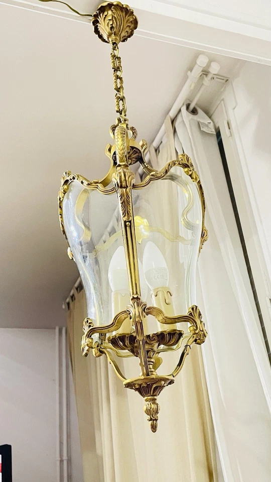 Importante lanterne en bronze style Louis XV en Très bon État  verres galbés - Photo 2/4