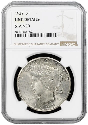 1927 $1 Peace Silver Dollar - NGC UNC details/Stained - Very PQ/high Grade