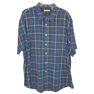 G H Bass & Co Linen Cotton Woven Shirt Mens XL Blue Check Plaid Woven Button Up 